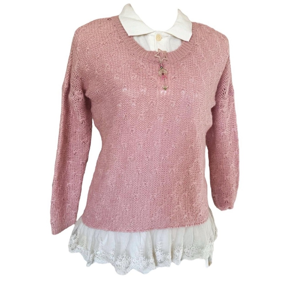 Pink Knit Sweater with Lace Hem